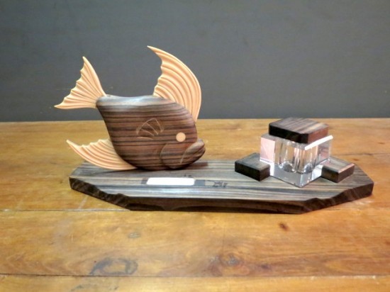 Sale! vintage Art Deco ink well and pen-rest with fish carving – $45, originally $125