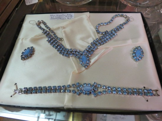 Vintage blue rhinestone necklace, earrings, and bracelet set – $65