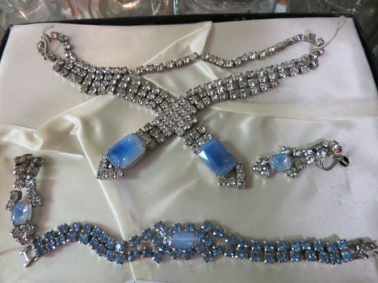 Vintage blue rhinestone necklace, earrings, and bracelet set – $55