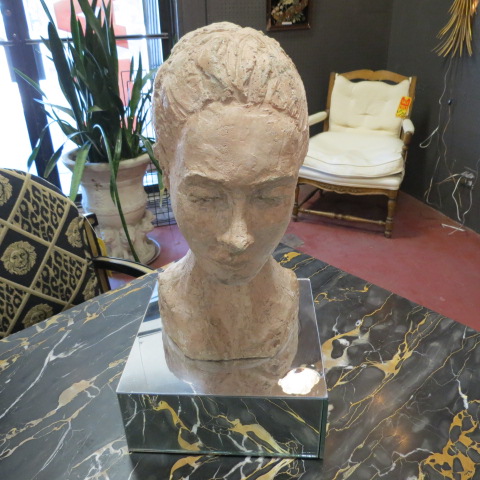 SALE! Vintage artist clay bust of woman on stand – $175
