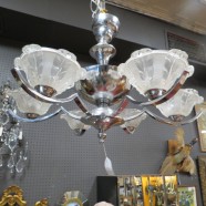 vintage moderne French Art Deco chrome chandelier with lalique style shades, circa 1940 by Ezan – $1600