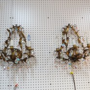 Vintage antique pair of gilt metal and crystal Italian 3 light sconces – $495/pr