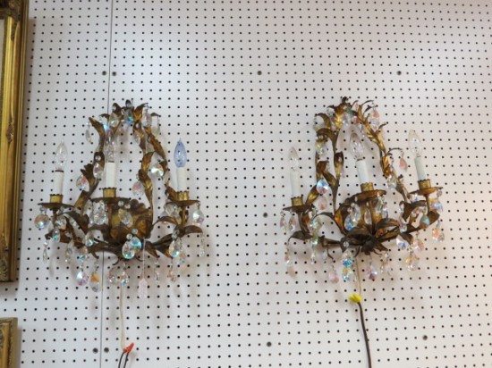 Vintage antique pair of gilt metal and crystal Italian 3 light sconces – $495/pr Vintage antique pair of gilt metal and crystal Italian 3 light sconces – $495/pr