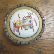 SALE! Vintage antique Chinese brass and enamel box with porcelain top – $95