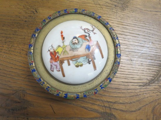 SALE! Vintage antique Chinese brass and enamel box with porcelain top – $95 SALE! Vintage antique Chinese brass and enamel box with porcelain top – $95