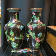 SALE! vintage pair of black ground cloisonné chinese vases – $195/pr