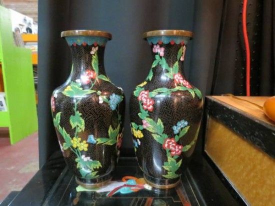 SALE! vintage pair of black ground cloisonné chinese vases – $195/pr