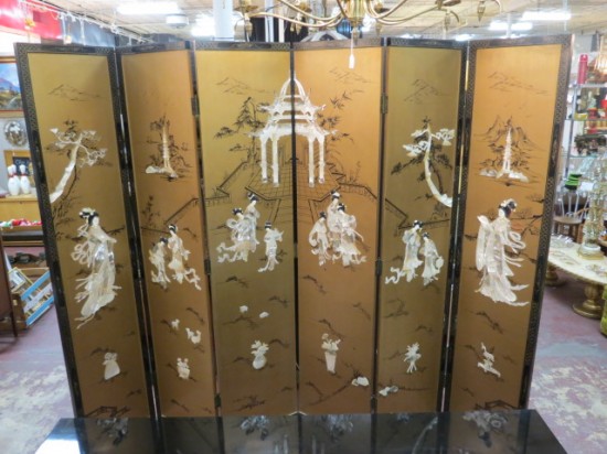 Vintage antique large gold, mother of pearl Chinese six panel screen – $2800 Vintage antique large gold, mother of pearl Chinese six panel screen – $2800