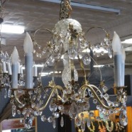 Vintage antique brass and crystal 5 arm chandelier c. 1950 – $295