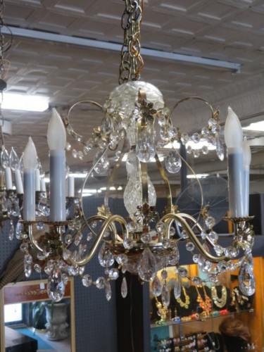 Vintage antique brass and crystal 5 arm chandelier c. 1950 – $295