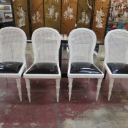 SALE!  Vintage Hollywood Glam 4 white lacquered dining chairs c. 1960 – $495 for the set