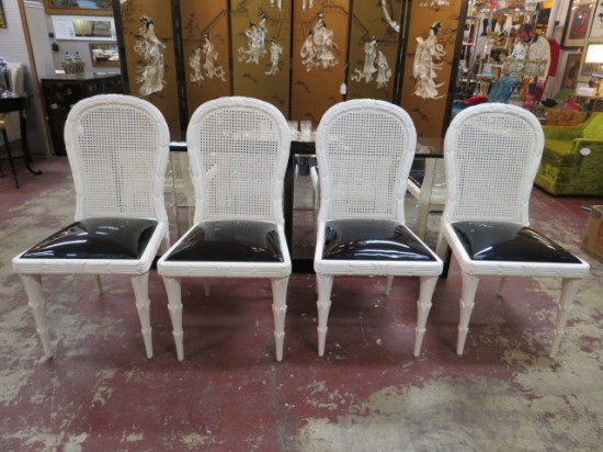 SALE! Vintage Hollywood Glam 4 white lacquered dining chairs c. 1960 – $495 for the set SALE! Vintage Hollywood Glam 4 white lacquered dining chairs c. 1960 – $495 for the set
