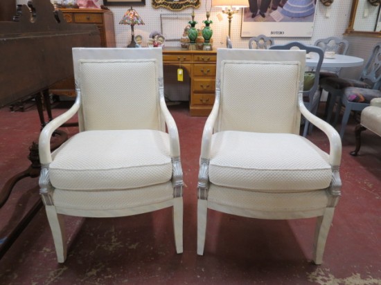 SALE! Vintage antique Empire style pair lacquered dolphin arm chairs – $495 for the set SALE! Vintage antique Empire style pair lacquered dolphin arm chairs – $495 for the set