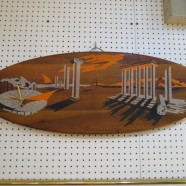 Vintage mid-century modern Dali-esque painted wood scene with a clock – $245