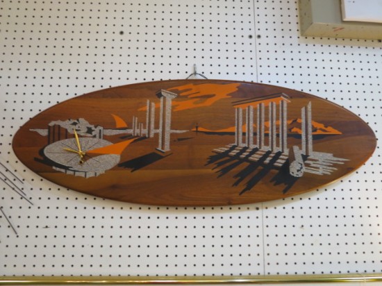 Vintage mid-century modern Dali-esque painted wood scene with a clock – $245 Vintage mid-century modern Dali-esque painted wood scene with a clock – $245