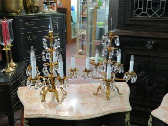 SALE! Vintage pair of Italian gilt metal and crystal candelabra lamps – $495 for the pair