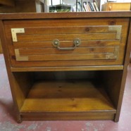 SALE! Vintage mid-century modern Bassett walnut campaign nightstand – $75