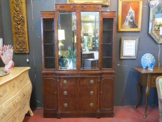 SALE! Vintage antique mirror front mahogany breakfront cabinet – $450 SALE! Vintage antique mirror front mahogany breakfront cabinet – $450