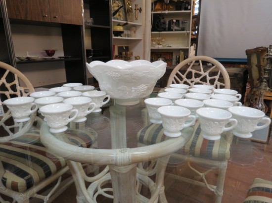 SALE! Vintage antique milk glass grapes pattern 25pc. punchbowl set – $120 SALE! Vintage antique milk glass grapes pattern 25pc. punchbowl set – $120