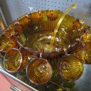 SALE! Vintage mid-century modern gold glass punch bowl set – $75