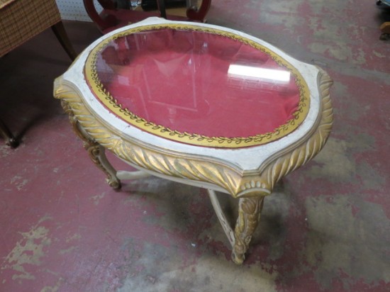 Vintage antique French style gilt carved display top side table – $125