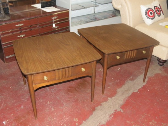 SALE! Vintage mid-century modern pair of Bassett walnut side tables – $150 pair