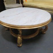 Vintage mid-century modern round marble top gilt base coffee table – $695