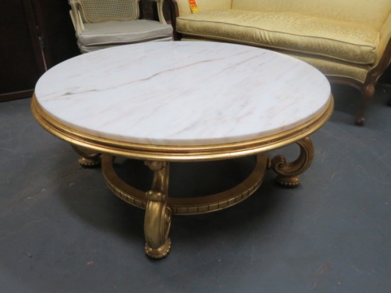 Vintage mid-century modern round marble top gilt base coffee table – $695