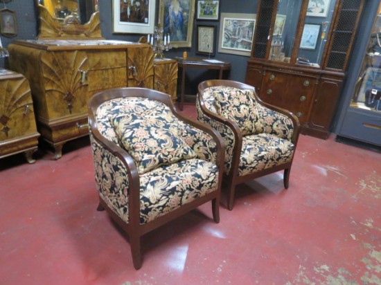 Vintage Antique Mahogany Pair of Tub Chairs with Chinese Dragon Upholstery – $695