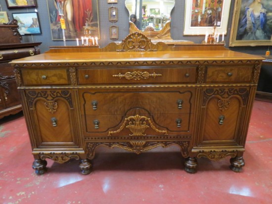 Vintage Antique Carved Walnut Tudor Revival Credenza/Buffet – $595