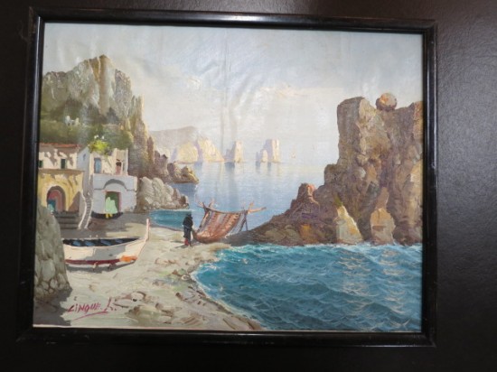 Vintage Antique Amalfi Coast Seaside Oil Painting on Canvas – $45