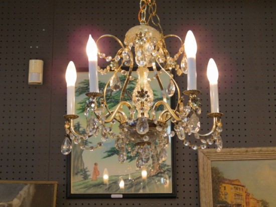Vintage Mid Century Modern 5 Arm Brass and Crystal Chandelier – $295