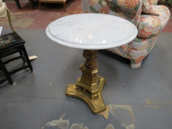 Vintage Antique Small Round Marble Top Pedestal Side Table – $165