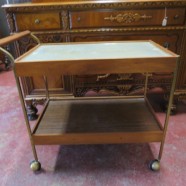 Vintage Mid Century Modern 2 Tier Walnut Bar Cart with Hotray Top – $150