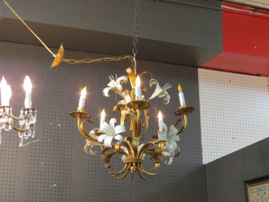 Vintage Mid Century Modern Italian 5 Arm Gilt Metal Lily Chandelier – $445