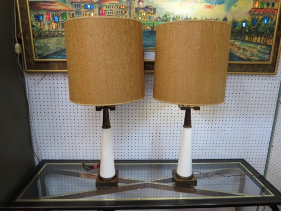 SALE! Vintage Mid Century Modern Pair of Stiffle Lamps and Shades – $450 for the pair SALE! Vintage Mid Century Modern Pair of Stiffle Lamps and Shades – $450 for the pair