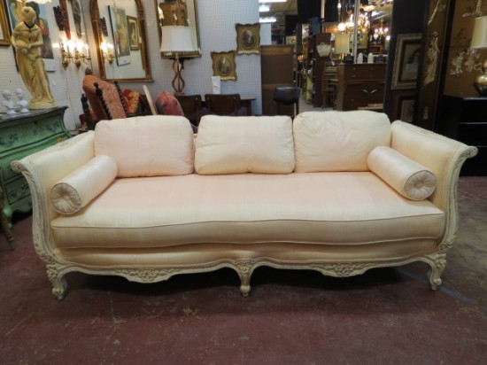 Vintage Antique French Style Pink Silk Carved Sofa By Interior Crafts – $595