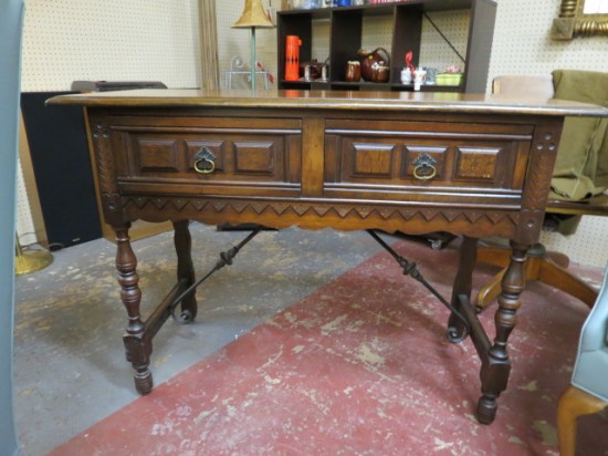 Vintage Antique Walnut 2 Drawer Jacobean Console Table/Server – $325