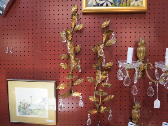 Vintage Antique Pair of Gilt Metal and Crystal Candle Wall Sconces – $145 for the pair