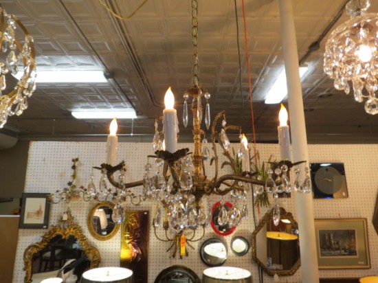 Vintage Antique Brass and Crystal 5 Arm Chandelier – $425