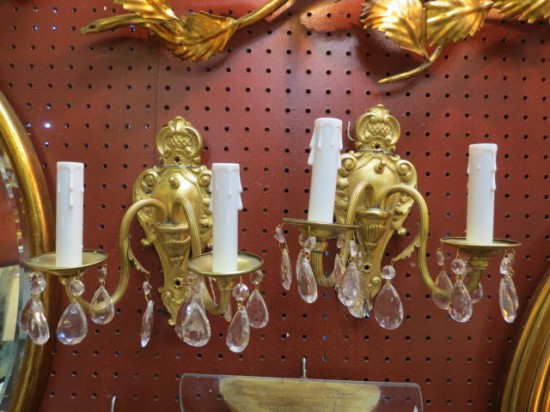Vintage Antique Pair of Gilt Metal and Crystal Sconces – $295 for the pair