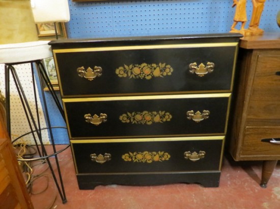 Vintage Antique Black and Gold Painted 3 Drawer Chest – $125