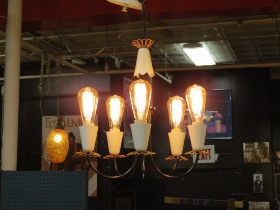 Vintage Mid Century Modern 5 Arm Metal Chandelier with Industrial Bulbs – $425 Vintage Mid Century Modern 5 Arm Metal Chandelier with Industrial Bulbs – $425
